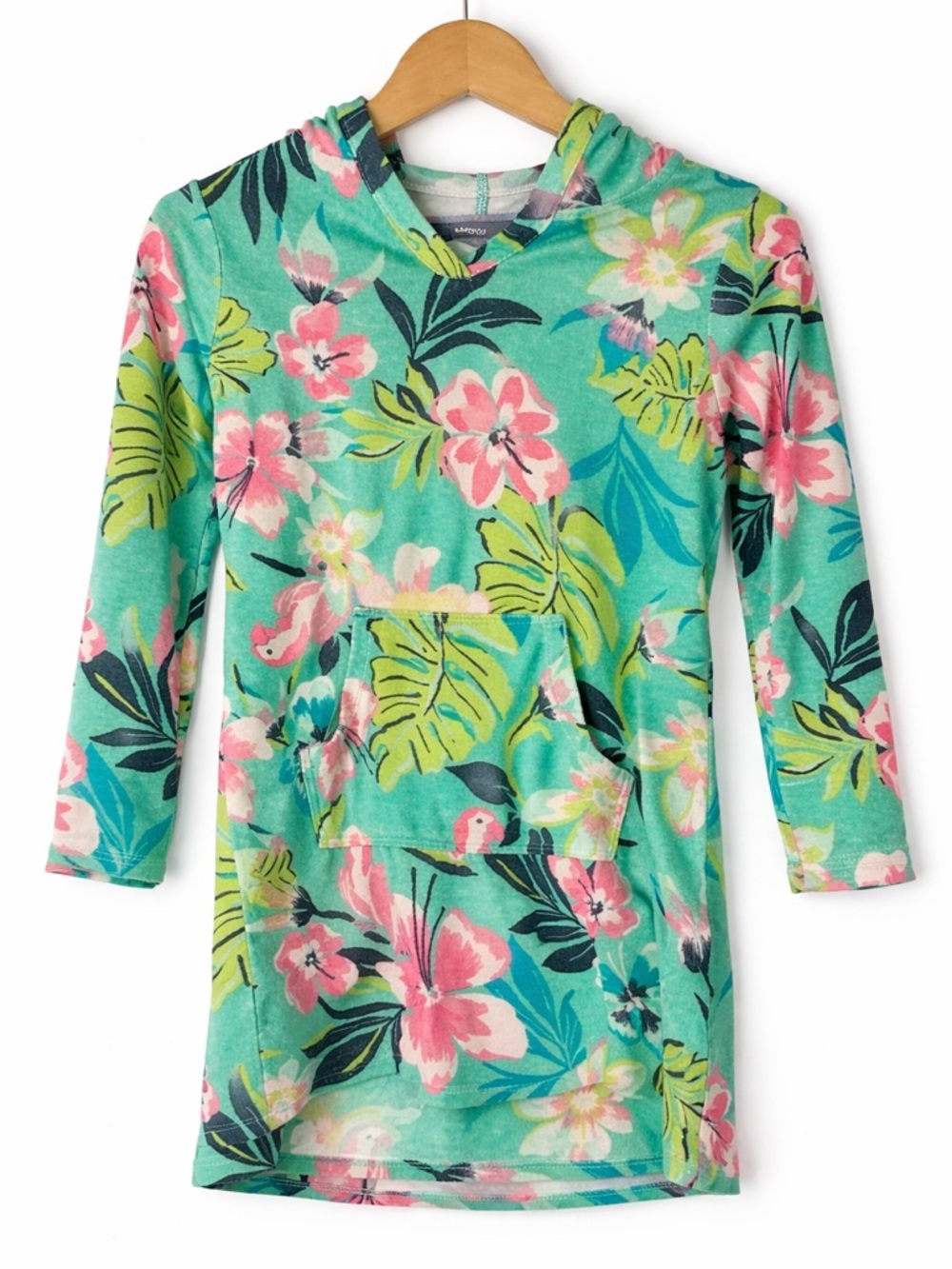Lands' End Girls' Turquoise and Pink Floral Hooded Swim Coverup